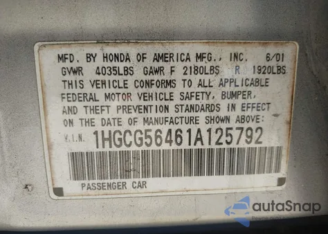 2001 Honda Accord 2.3 Lx z USA, uszkodzony, nr VIN 1HGCG56461A125792